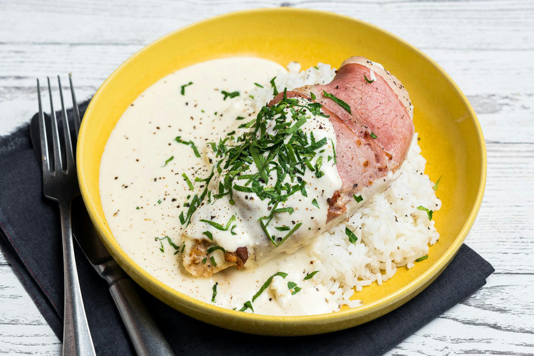 Bacon-Wrapped Chicken Fillet in Mustard Cheese Sauce with Rice