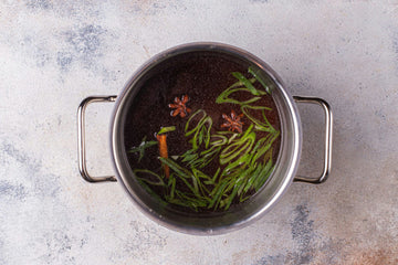 Put 1L of water, star anise, green onion, vegetable broth, cinnamon bark, soy sauce and mirin in a pot.

Bring to a boil and simmer for a few minutes.
