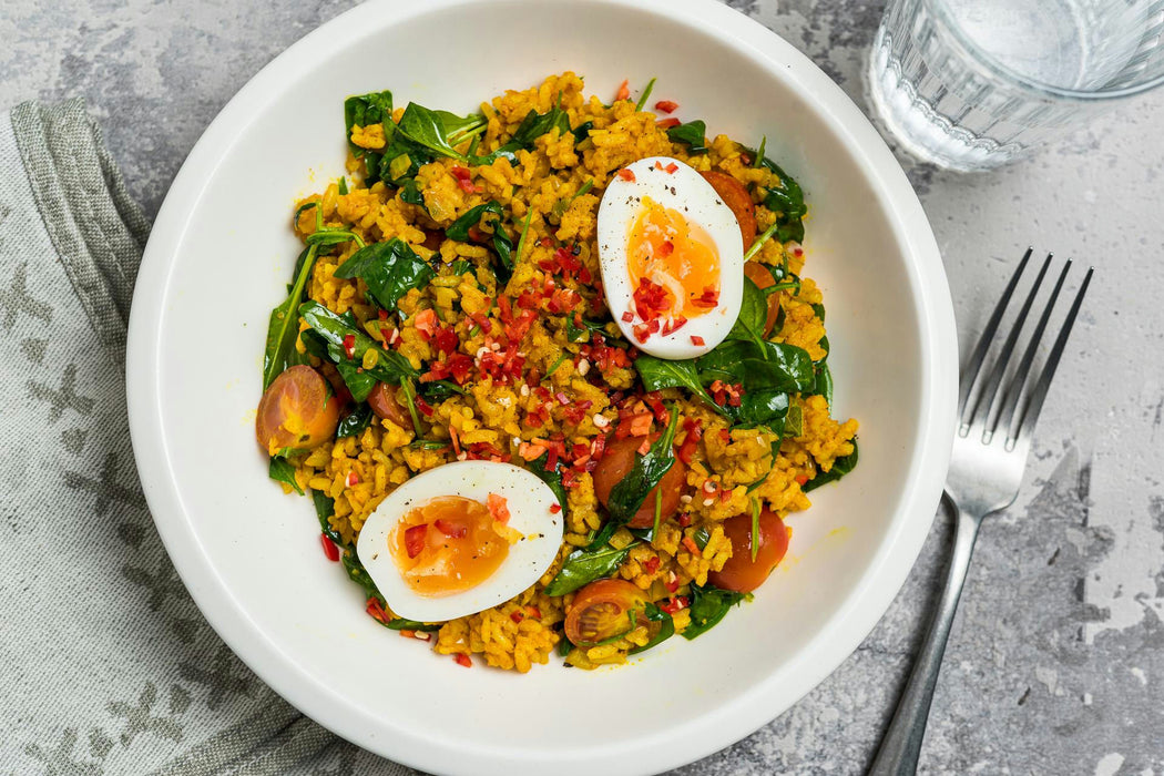 Quick Rice Dish with Spinach & Boiled Egg
