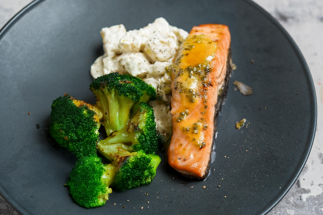 Sage Butter Roasted Salmon Fillet with Broccoli and Citrus Potato Salad