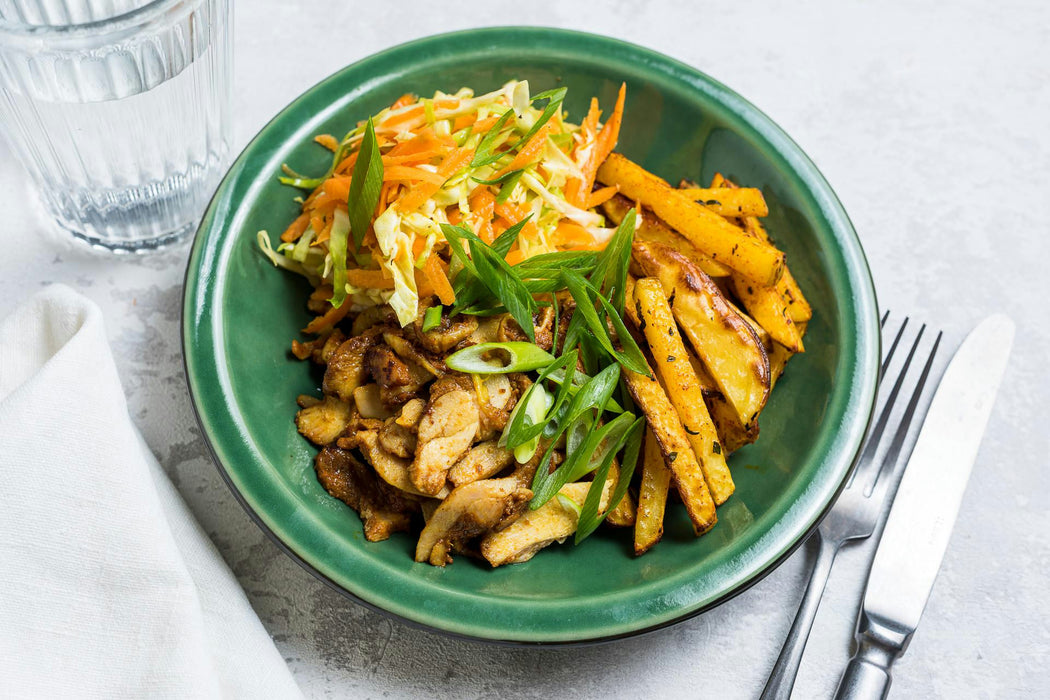Chicken Kebab with Oven-Baked Fries Carrot-Cabbage Salad – Clean