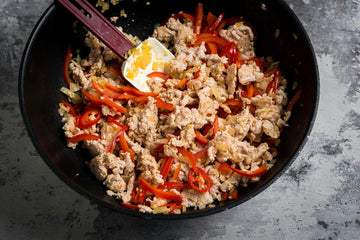 Add** minced meat** and cook through.
